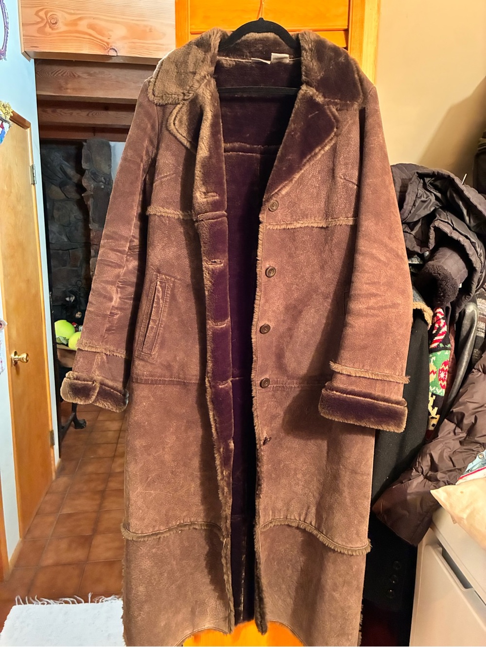 Women’s Duster Brown faux Shearling Coat - Suede Exterior. Gorgeous!